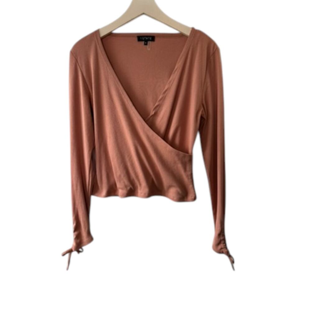 1.State Long Sleeve Faux Wrap Surplice Ribbed Top - Clay Rose - Women's Small